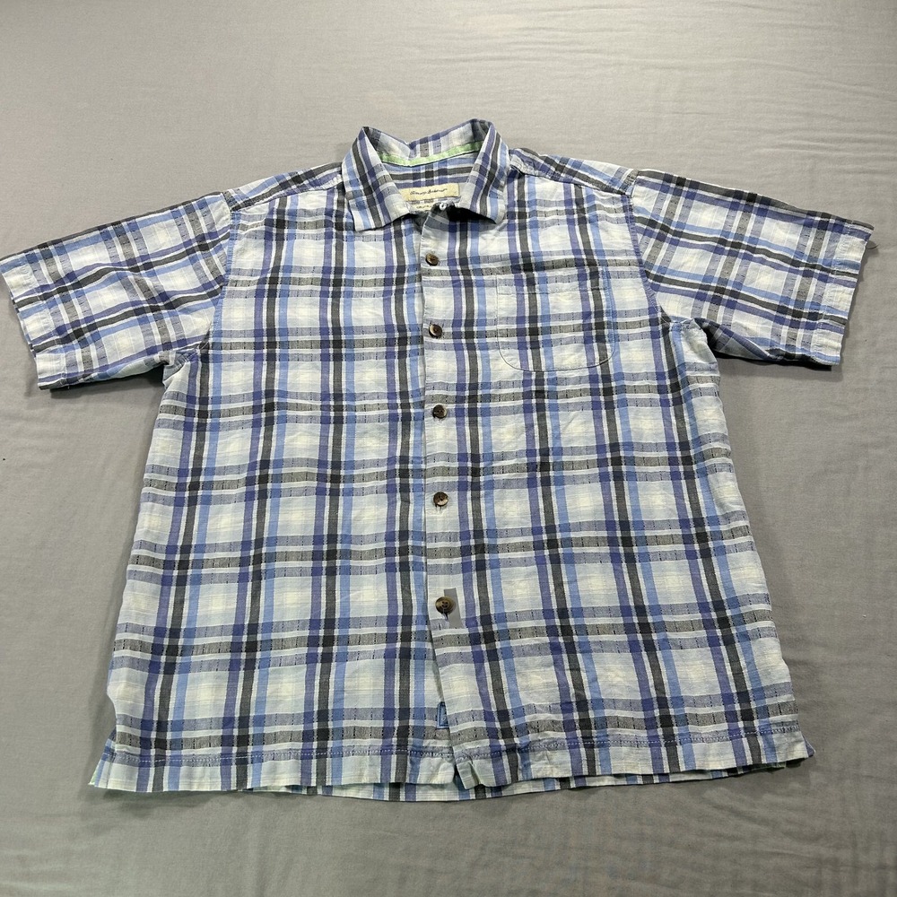 Tommy Bahama Shirt Mens Medium Blue‎ Plaid Silk Hawaiian Button Up Beach Camp